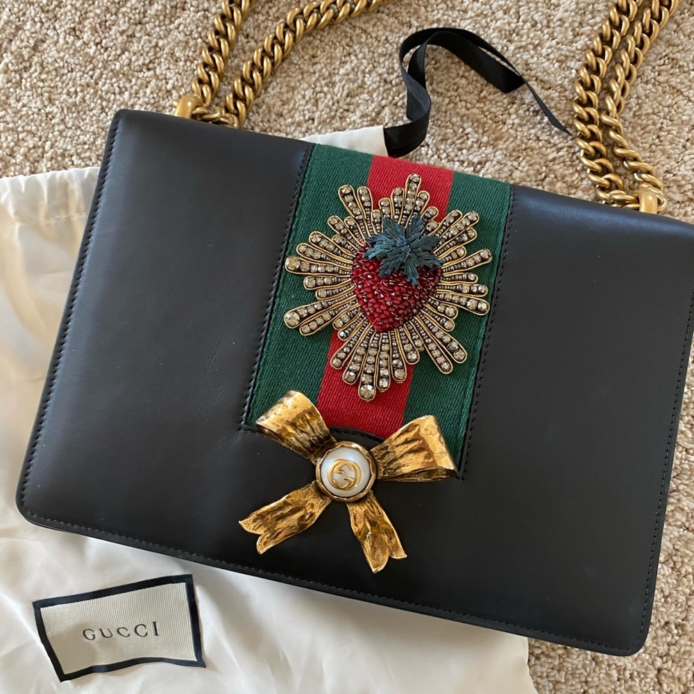 Gucci Chain Peony Medium Black Leather Bag